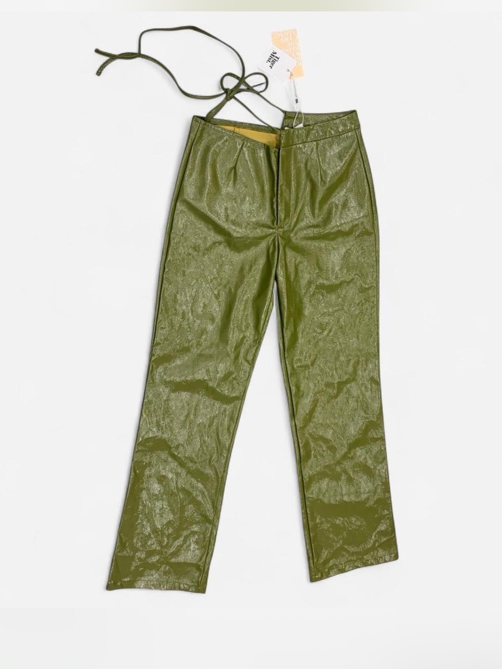 Olive Green Womens Pleather Straight-Leg Pants